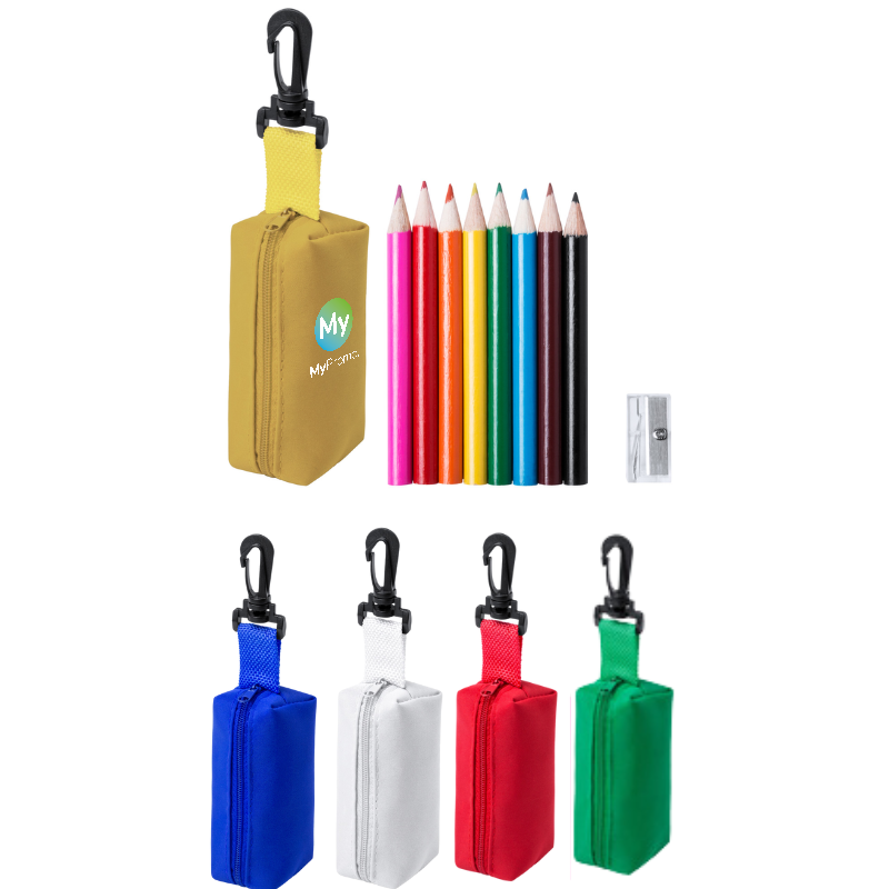 Coloured pencil set | Polyester & wood | 8 pencils & sharpener